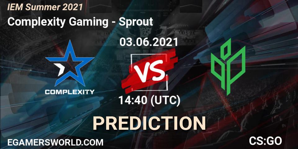 Complexity Gaming contre Sprout : prédiction de match. 03.06.2021 at 14:45. Counter-Strike (CS2), IEM Summer 2021