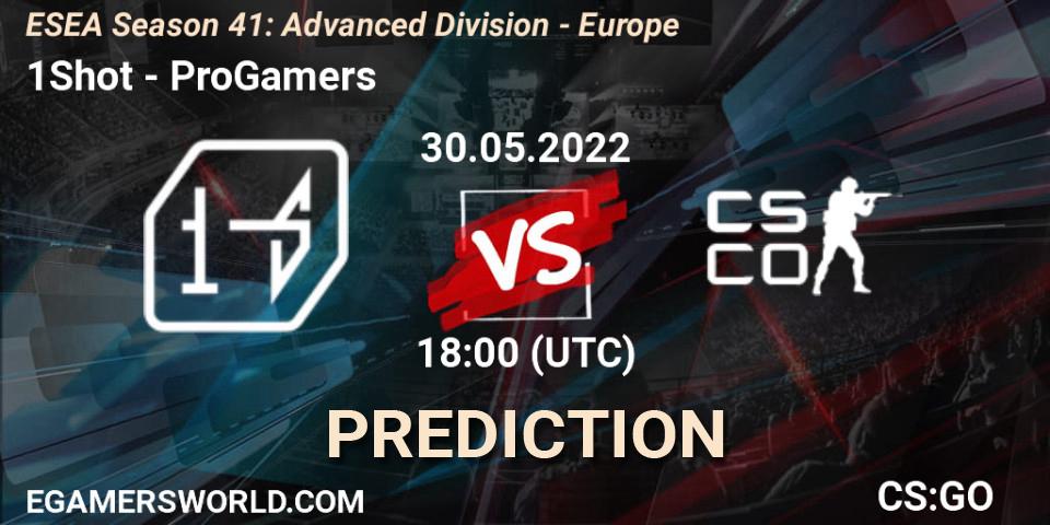 1Shot contre ProGamers : prédiction de match. 30.05.2022 at 18:00. Counter-Strike (CS2), ESEA Season 41: Advanced Division - Europe