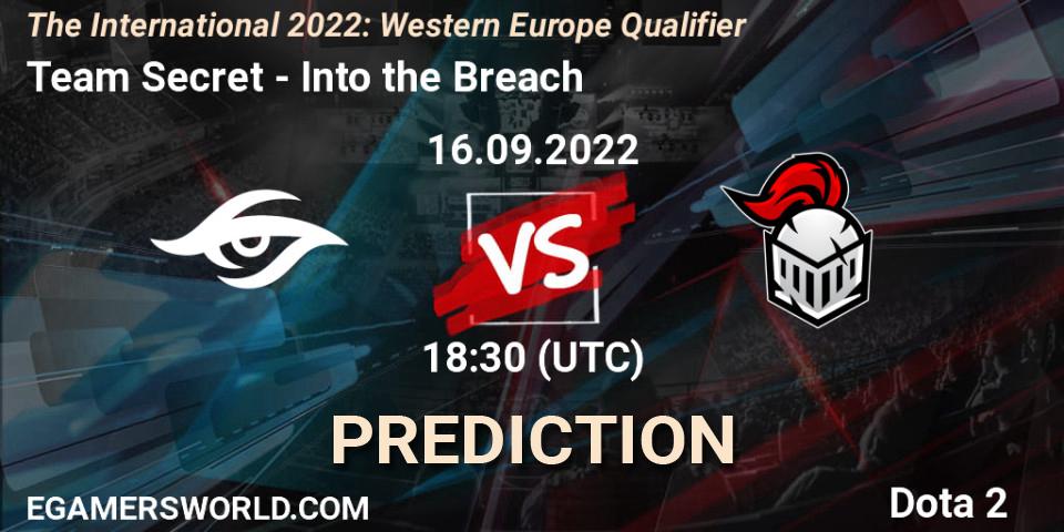 Team Secret contre Into the Breach : prédiction de match. 17.09.2022 at 10:00. Dota 2, The International 2022: Western Europe Qualifier