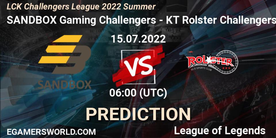 SANDBOX Gaming Challengers contre KT Rolster Challengers : prédiction de match. 15.07.2022 at 06:00. LoL, LCK Challengers League 2022 Summer