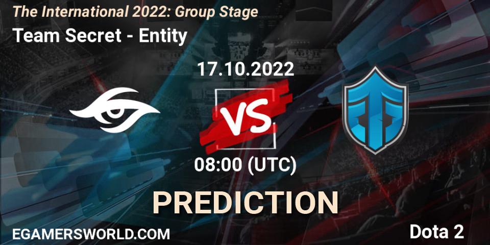 Team Secret contre Entity : prédiction de match. 17.10.2022 at 11:26. Dota 2, The International 2022: Group Stage