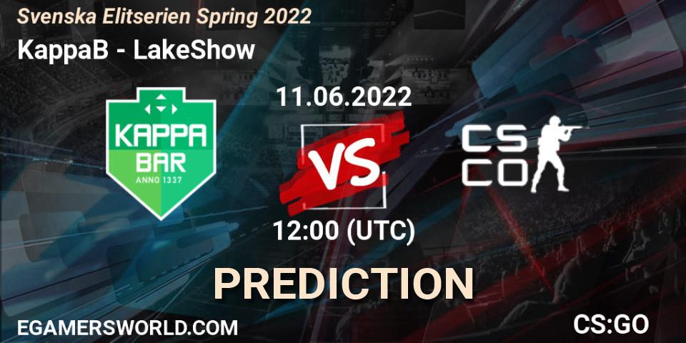 KappaB contre LakeShow : prédiction de match. 11.06.2022 at 13:00. Counter-Strike (CS2), Svenska Elitserien Spring 2022