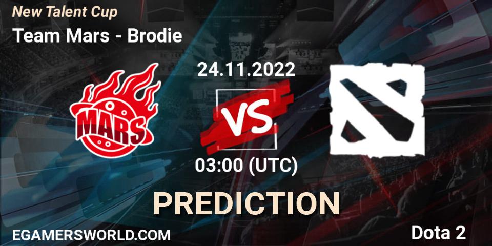 Team Mars contre Brodie : prédiction de match. 24.11.2022 at 03:00. Dota 2, New Talent Cup