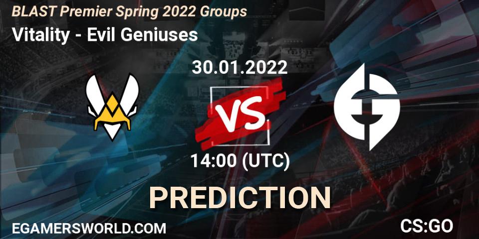 Vitality contre Evil Geniuses : prédiction de match. 30.01.2022 at 14:00. Counter-Strike (CS2), BLAST Premier Spring Groups 2022