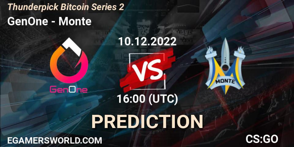 GenOne contre Monte : prédiction de match. 10.12.2022 at 16:00. Counter-Strike (CS2), Thunderpick Bitcoin Series 2
