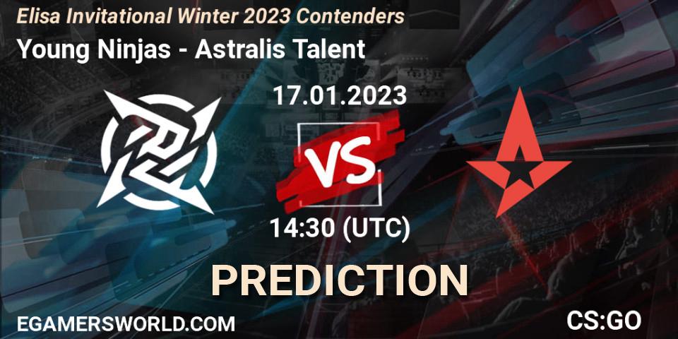 Young Ninjas contre Astralis Talent : prédiction de match. 17.01.2023 at 14:30. Counter-Strike (CS2), Elisa Invitational Winter 2023 Contenders