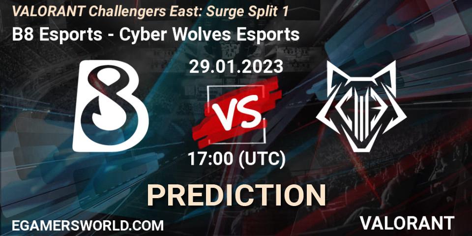 B8 Esports contre Cyber Wolves Esports : prédiction de match. 29.01.23. VALORANT, VALORANT Challengers 2023 East: Surge Split 1