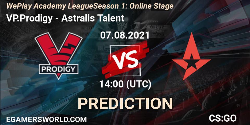 VP.Prodigy contre Astralis Talent : prédiction de match. 07.08.2021 at 14:00. Counter-Strike (CS2), WePlay Academy League Season 1: Online Stage