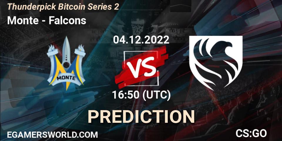 Monte contre Falcons : prédiction de match. 04.12.2022 at 17:15. Counter-Strike (CS2), Thunderpick Bitcoin Series 2