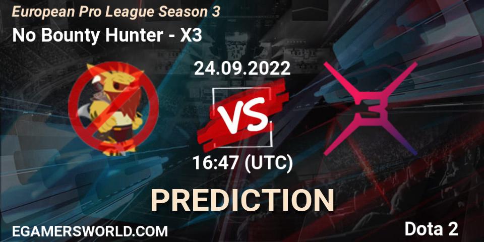 No Bounty Hunter contre X3 : prédiction de match. 24.09.2022 at 16:47. Dota 2, European Pro League Season 3 