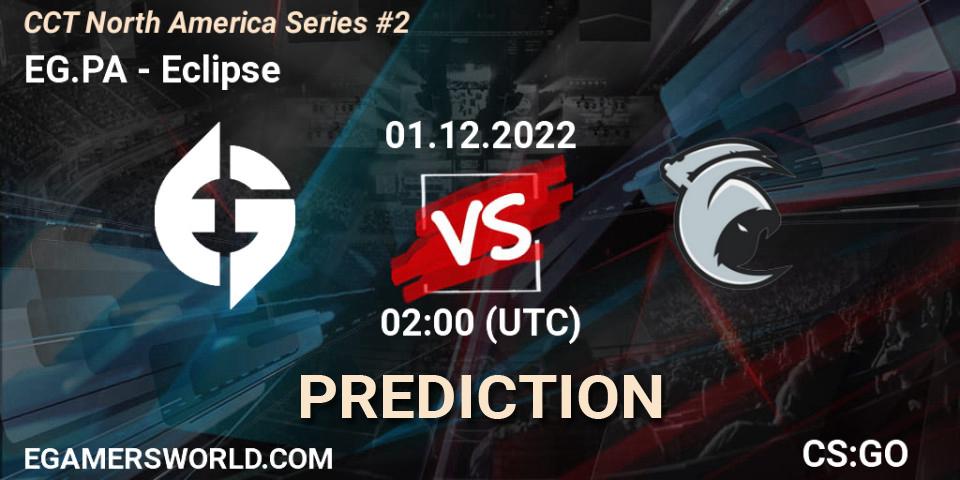 EG.PA contre Eclipse : prédiction de match. 01.12.2022 at 02:00. Counter-Strike (CS2), CCT North America Series #2