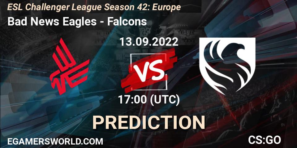 Bad News Eagles contre Falcons : prédiction de match. 13.09.2022 at 17:00. Counter-Strike (CS2), ESL Challenger League Season 42: Europe