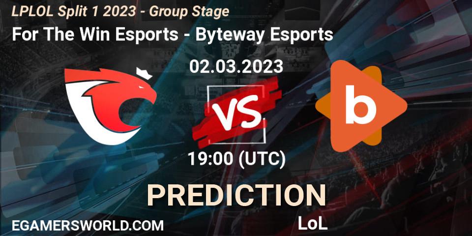 For The Win Esports contre Byteway Esports : prédiction de match. 02.02.2023 at 19:00. LoL, LPLOL Split 1 2023 - Group Stage