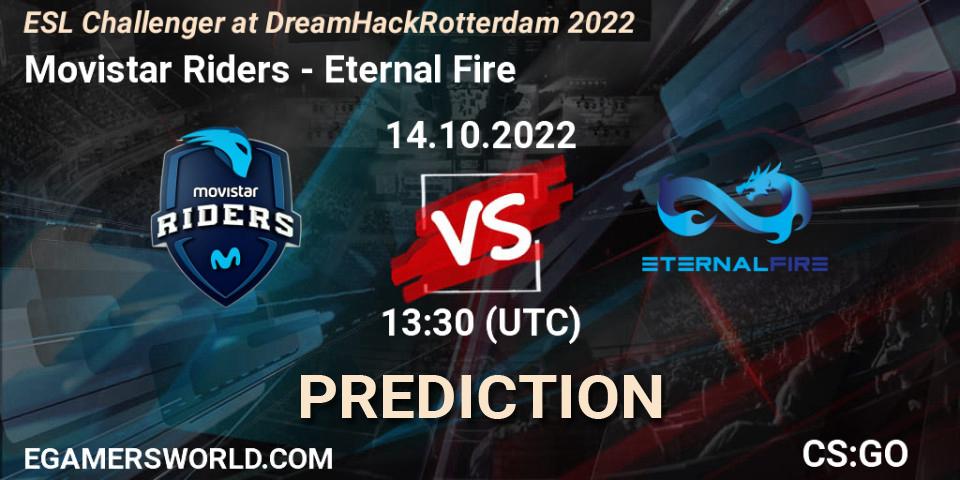 Movistar Riders contre Eternal Fire : prédiction de match. 14.10.2022 at 14:05. Counter-Strike (CS2), ESL Challenger at DreamHack Rotterdam 2022