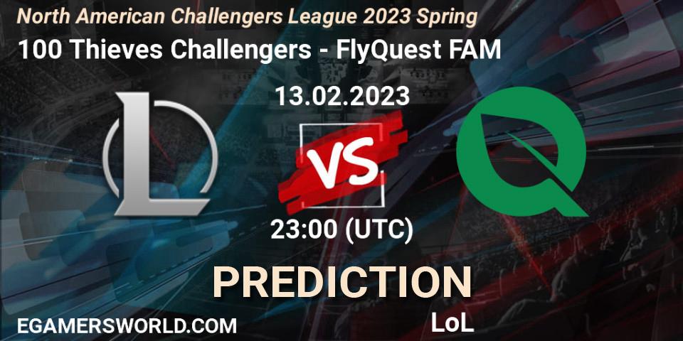 100 Thieves Challengers contre FlyQuest FAM : prédiction de match. 13.02.23. LoL, NACL 2023 Spring - Group Stage