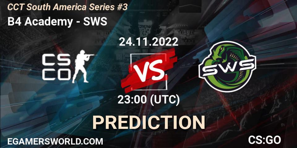B4 Academy contre SWS : prédiction de match. 24.11.2022 at 23:50. Counter-Strike (CS2), CCT South America Series #3