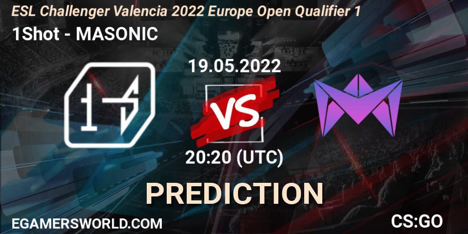 1Shot contre MASONIC : prédiction de match. 19.05.2022 at 20:20. Counter-Strike (CS2), ESL Challenger Valencia 2022 Europe Open Qualifier 1