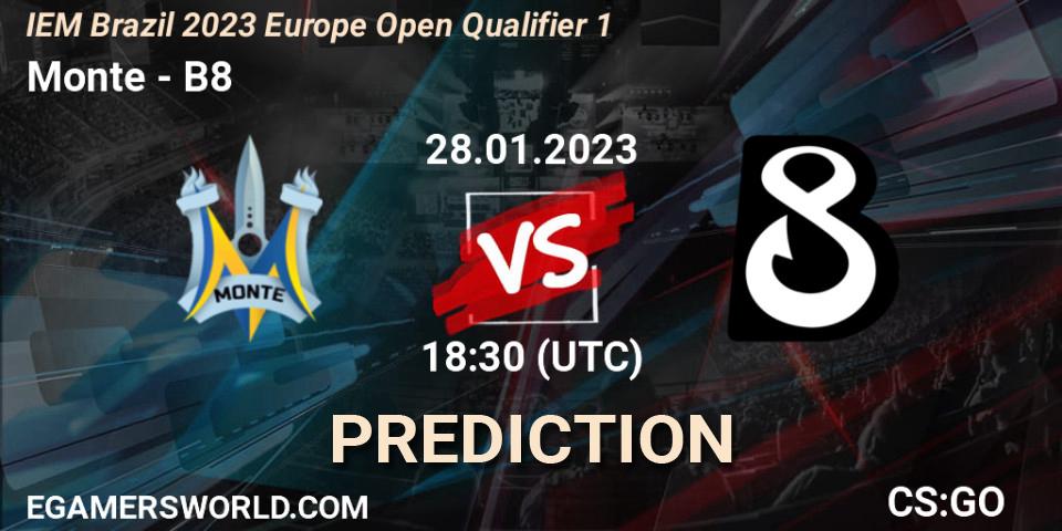 Monte contre B8 : prédiction de match. 28.01.2023 at 18:30. Counter-Strike (CS2), IEM Brazil Rio 2023 Europe Open Qualifier 1