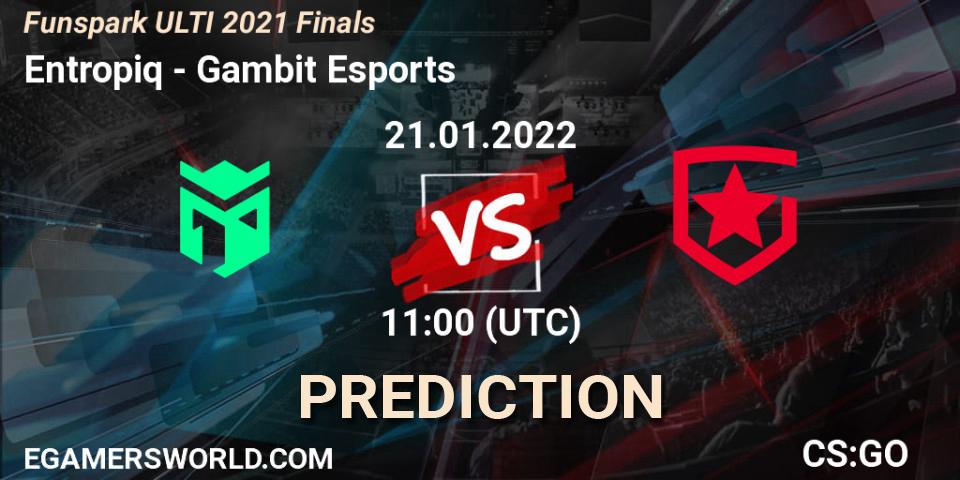 Entropiq contre Gambit Esports : prédiction de match. 21.01.2022 at 11:00. Counter-Strike (CS2), Funspark ULTI 2021 Finals