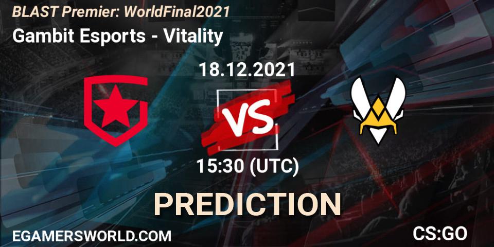 Gambit Esports contre Vitality : prédiction de match. 18.12.2021 at 15:30. Counter-Strike (CS2), BLAST Premier: World Final 2021