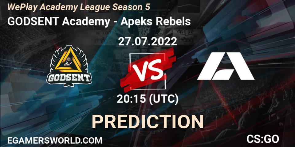 GODSENT Academy contre Apeks Rebels : prédiction de match. 27.07.2022 at 20:15. Counter-Strike (CS2), WePlay Academy League Season 5