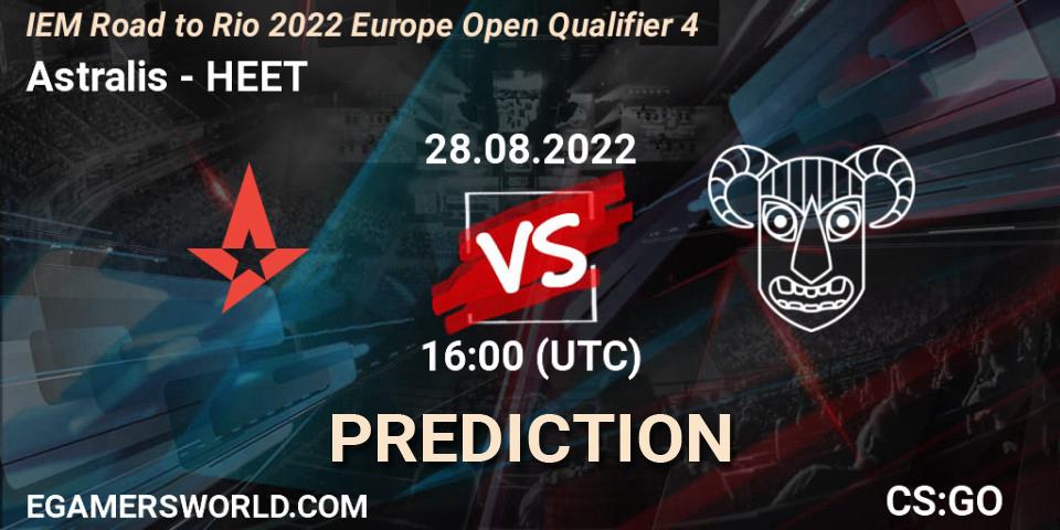 Astralis contre HEET : prédiction de match. 28.08.2022 at 16:00. Counter-Strike (CS2), IEM Road to Rio 2022 Europe Open Qualifier 4