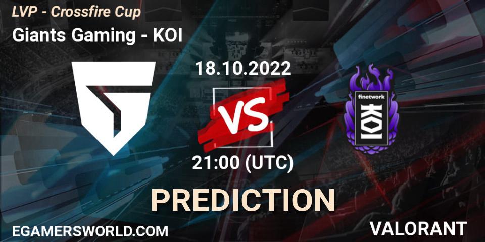 Giants Gaming contre KOI : prédiction de match. 26.10.2022 at 15:00. VALORANT, LVP - Crossfire Cup