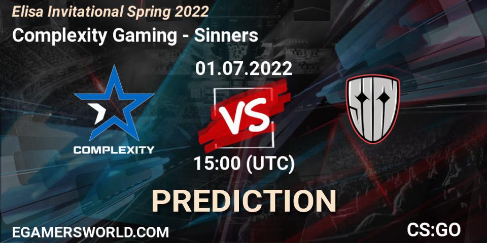 Complexity Gaming contre Sinners : prédiction de match. 01.07.2022 at 15:20. Counter-Strike (CS2), Elisa Invitational Spring 2022