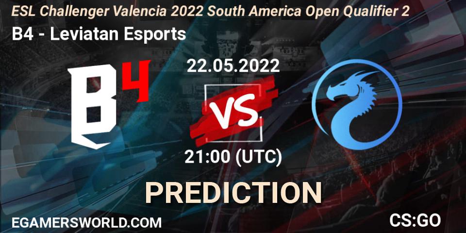 B4 contre Leviatan Esports : prédiction de match. 22.05.2022 at 21:00. Counter-Strike (CS2), ESL Challenger Valencia 2022 South America Open Qualifier 2