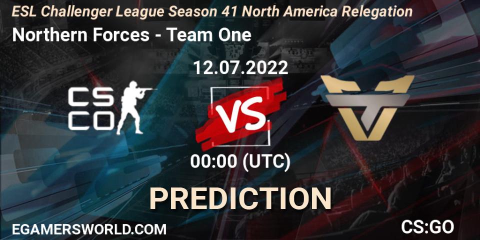 Northern Forces contre Team One : prédiction de match. 12.07.2022 at 00:00. Counter-Strike (CS2), ESL Challenger League Season 41 North America Relegation