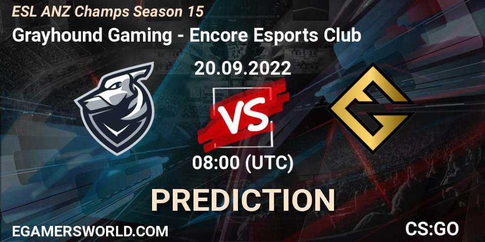 Grayhound Gaming contre Encore Esports Club : prédiction de match. 20.09.2022 at 08:00. Counter-Strike (CS2), ESL ANZ Champs Season 15