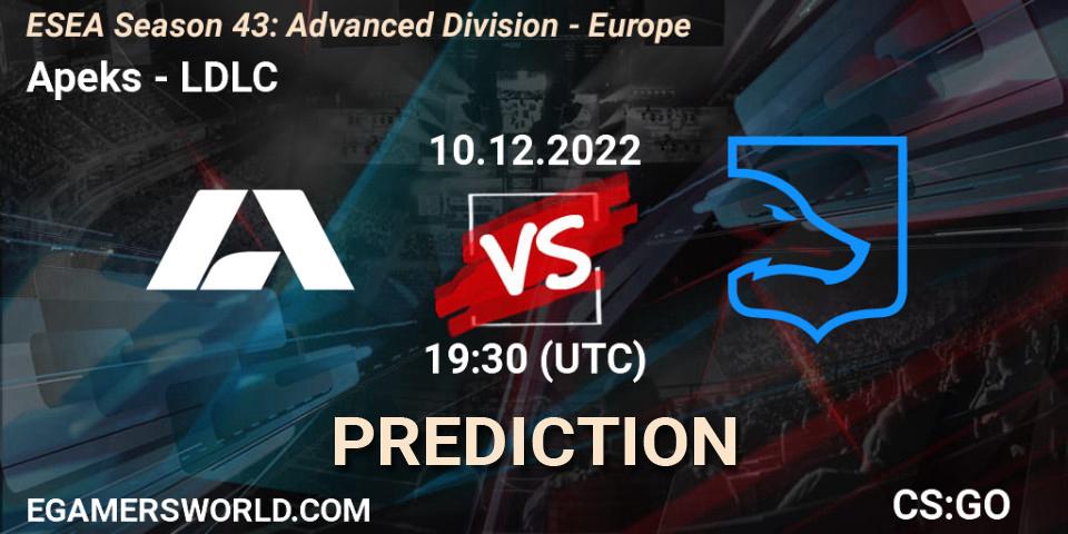 Apeks contre LDLC : prédiction de match. 10.12.2022 at 19:30. Counter-Strike (CS2), ESEA Season 43: Advanced Division - Europe