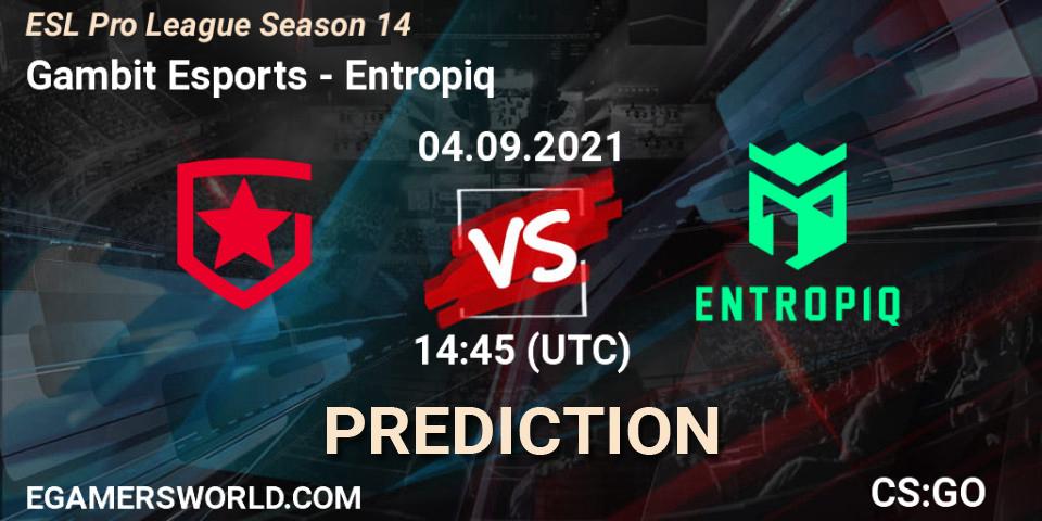 Gambit Esports contre Entropiq : prédiction de match. 04.09.2021 at 14:45. Counter-Strike (CS2), ESL Pro League Season 14