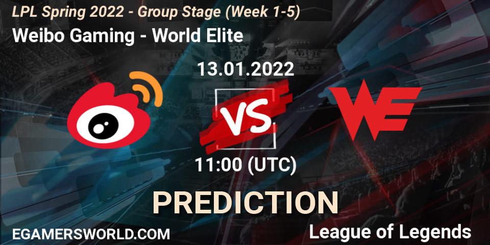 Weibo Gaming contre World Elite : prédiction de match. 13.01.2022 at 11:20. LoL, LPL Spring 2022 - Group Stage (Week 1-5)