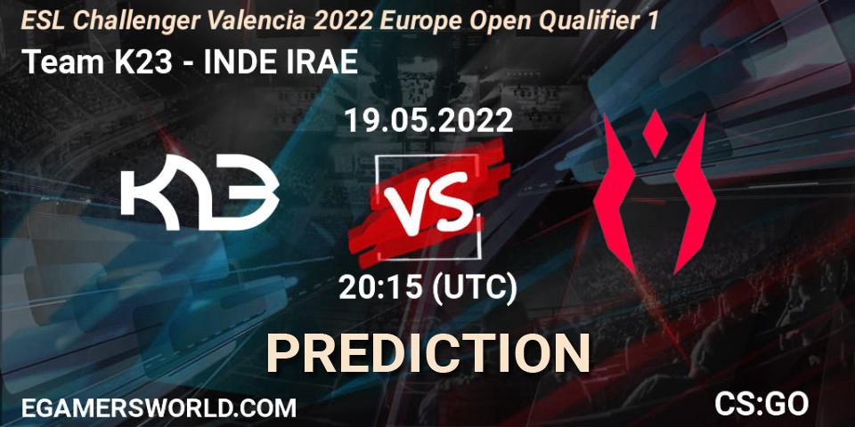 Team K23 contre INDE IRAE : prédiction de match. 19.05.2022 at 20:15. Counter-Strike (CS2), ESL Challenger Valencia 2022 Europe Open Qualifier 1