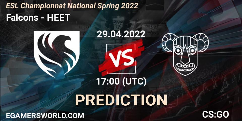 Falcons contre HEET : prédiction de match. 29.04.2022 at 17:00. Counter-Strike (CS2), ESL Championnat National Spring 2022