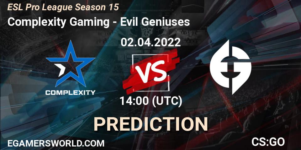 Complexity Gaming contre Evil Geniuses : prédiction de match. 02.04.2022 at 14:00. Counter-Strike (CS2), ESL Pro League Season 15