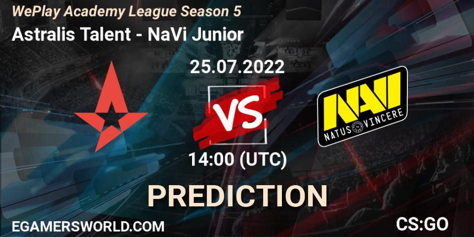 Astralis Talent contre NaVi Junior : prédiction de match. 25.07.2022 at 14:00. Counter-Strike (CS2), WePlay Academy League Season 5