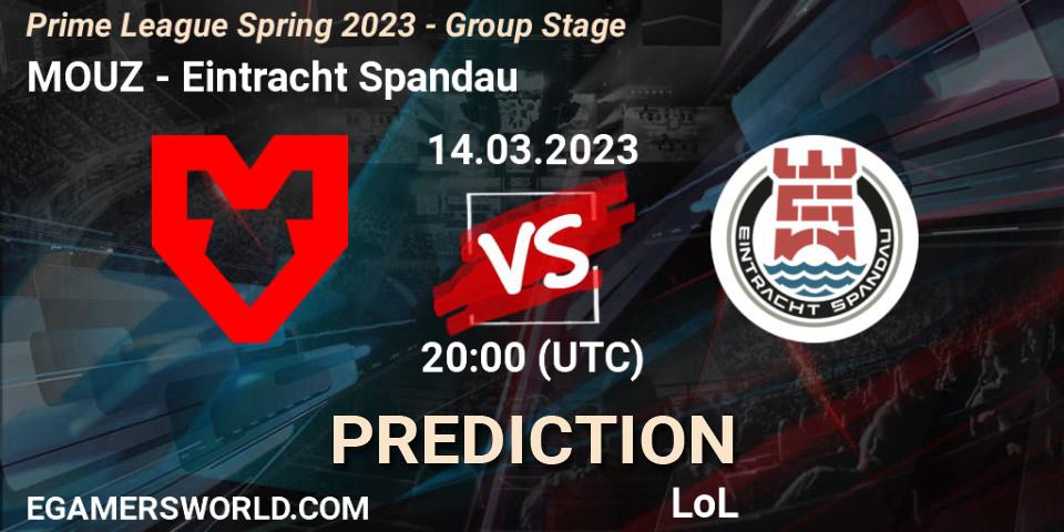 MOUZ contre Eintracht Spandau : prédiction de match. 14.03.2023 at 19:00. LoL, Prime League Spring 2023 - Group Stage