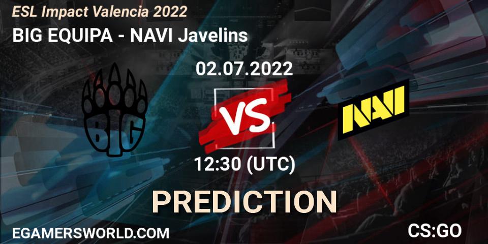 BIG EQUIPA contre NAVI Javelins : prédiction de match. 02.07.2022 at 12:55. Counter-Strike (CS2), ESL Impact Valencia 2022