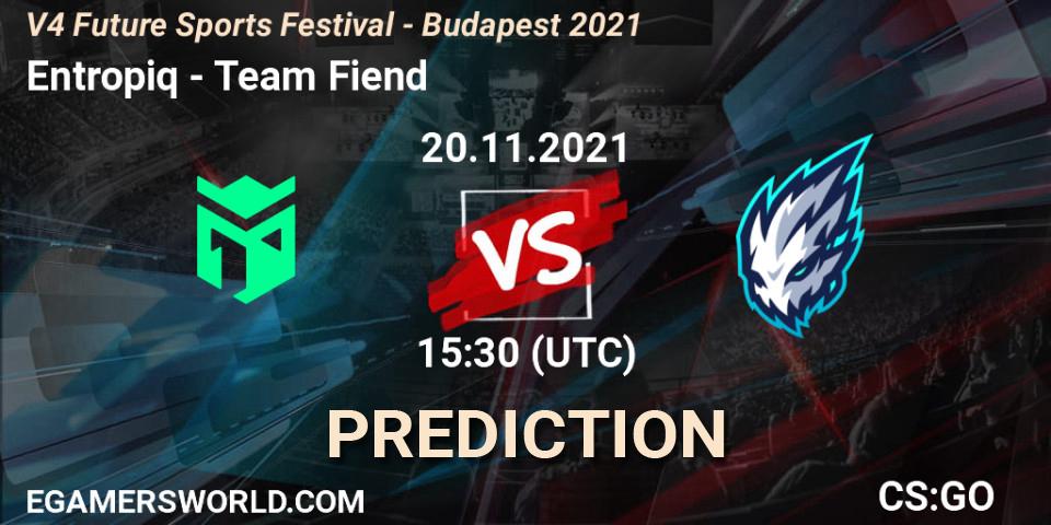 Entropiq contre Team Fiend : prédiction de match. 20.11.2021 at 15:30. Counter-Strike (CS2), V4 Future Sports Festival - Budapest 2021