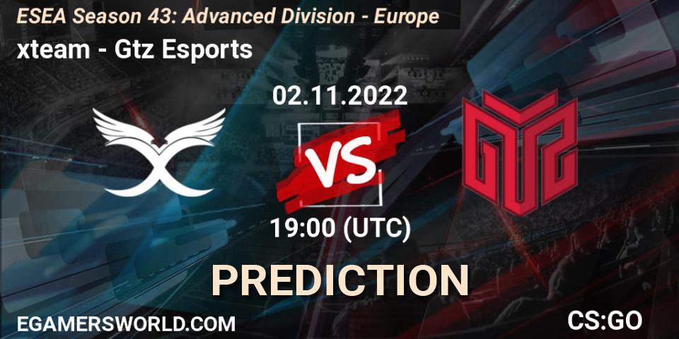 xteam contre GTZ Bulls Esports : prédiction de match. 02.11.2022 at 19:00. Counter-Strike (CS2), ESEA Season 43: Advanced Division - Europe