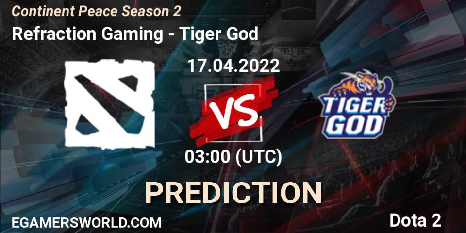 Refraction Gaming contre Tiger God : prédiction de match. 17.04.2022 at 03:04. Dota 2, Continent Peace Season 2 