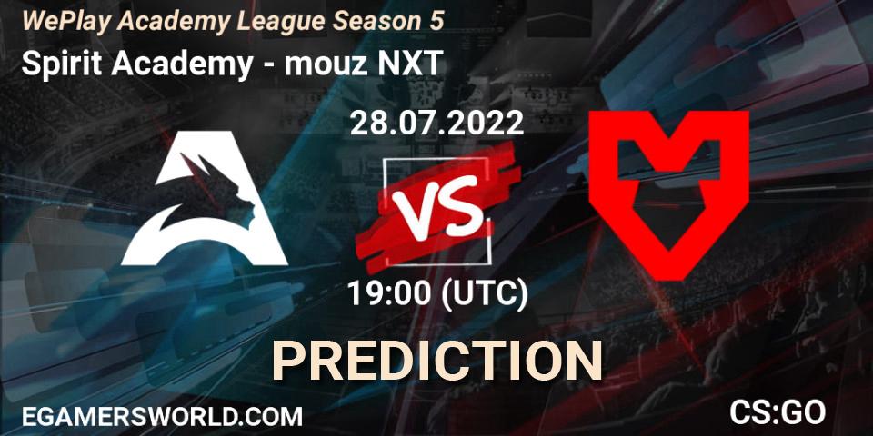 Spirit Academy contre mouz NXT : prédiction de match. 27.07.2022 at 14:00. Counter-Strike (CS2), WePlay Academy League Season 5