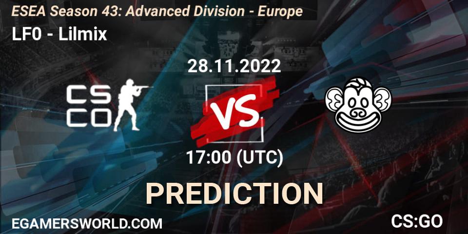 LF0 contre Lilmix : prédiction de match. 28.11.2022 at 17:00. Counter-Strike (CS2), ESEA Season 43: Advanced Division - Europe