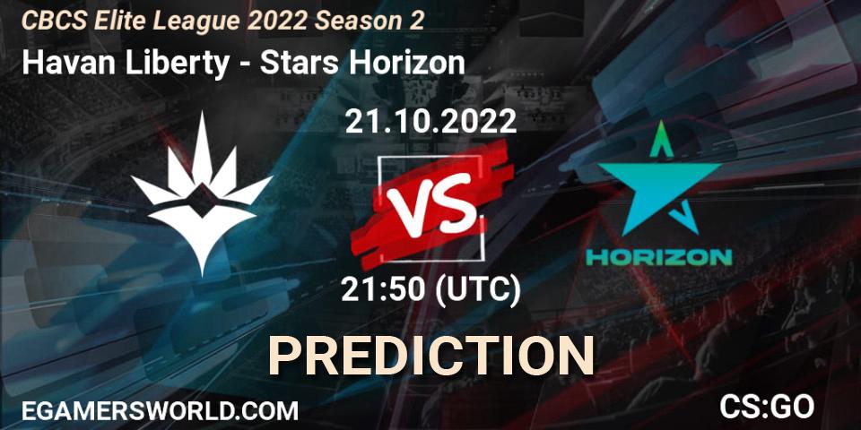 Havan Liberty contre Stars Horizon : prédiction de match. 21.10.2022 at 22:00. Counter-Strike (CS2), CBCS Elite League 2022 Season 2