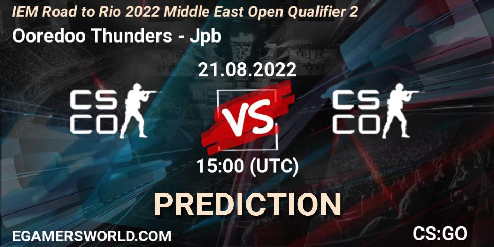 Ooredoo Thunders contre Jpb : prédiction de match. 21.08.2022 at 16:00. Counter-Strike (CS2), IEM Road to Rio 2022 Middle East Open Qualifier 2