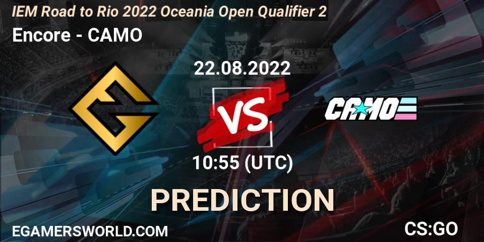 Encore contre CAMO : prédiction de match. 22.08.2022 at 10:55. Counter-Strike (CS2), IEM Road to Rio 2022 Oceania Open Qualifier 2