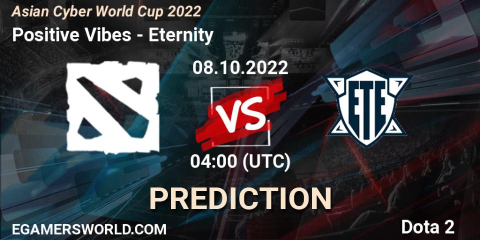 Positive Vibes contre Eternity : prédiction de match. 13.10.2022 at 04:00. Dota 2, Asian Cyber World Cup 2022