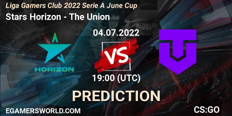 Stars Horizon contre The Union : prédiction de match. 04.07.2022 at 19:00. Counter-Strike (CS2), Liga Gamers Club 2022 Serie A June Cup